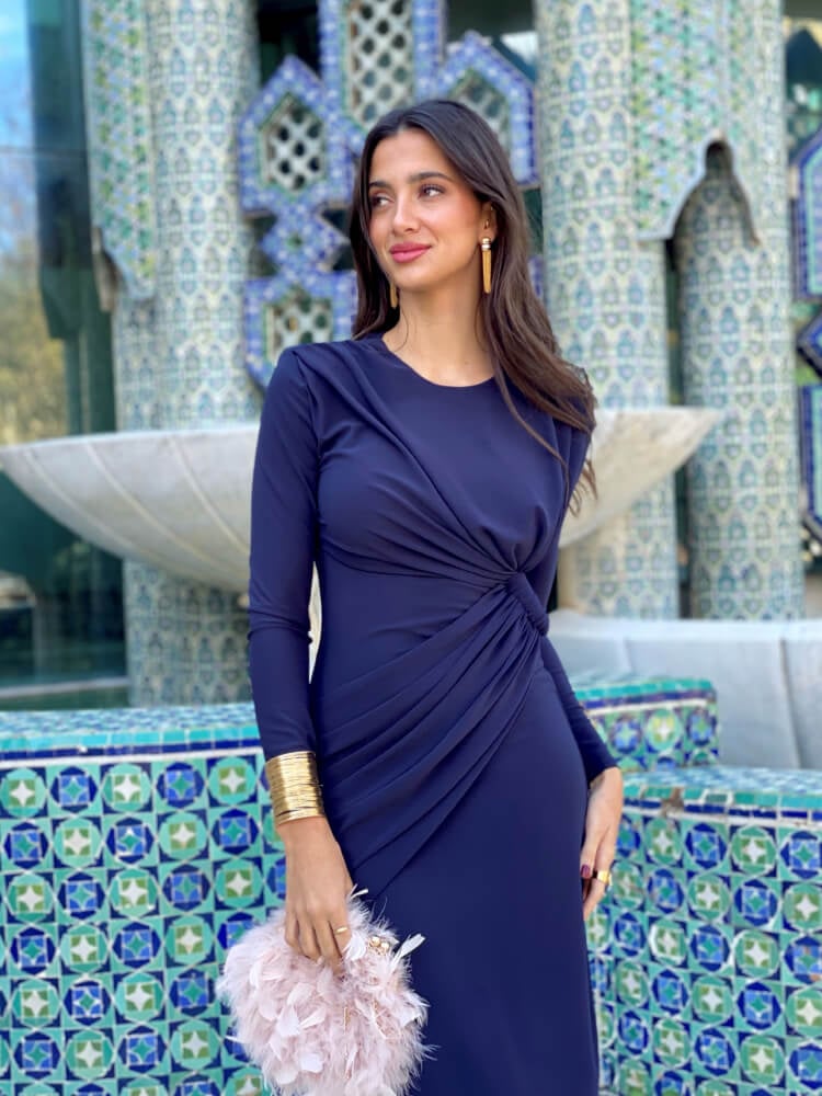 Vestido azul Con Drapeado Lateral
