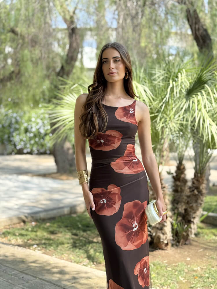 Vestido Marrón De Gasa Estampado