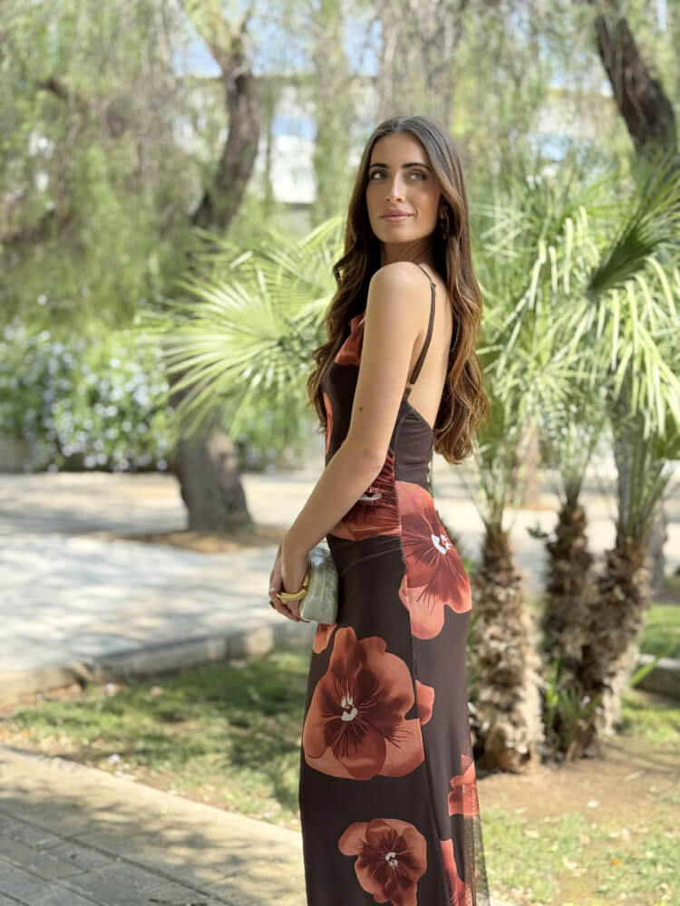 Vestido Marrón De Gasa Con Forro Interior