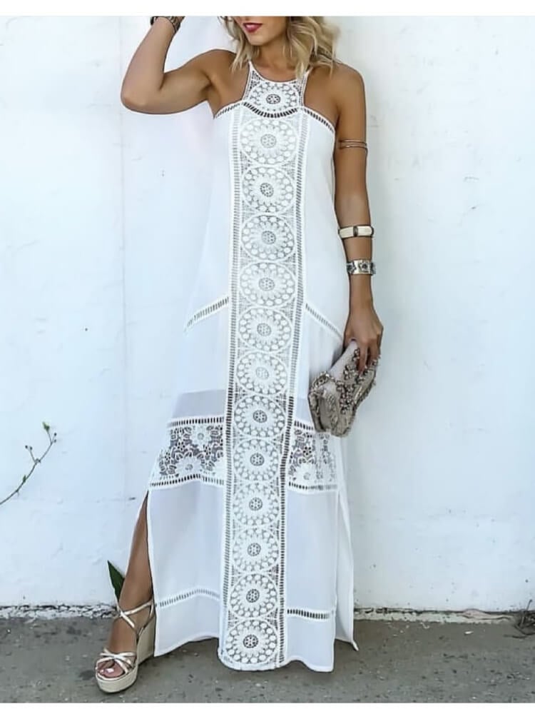 Vestido Blanco De Lino Con Bordado Superior Boho