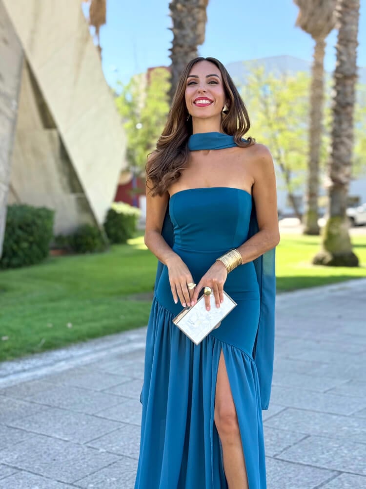 Vestido Azul Petróleo Largo Con Chal