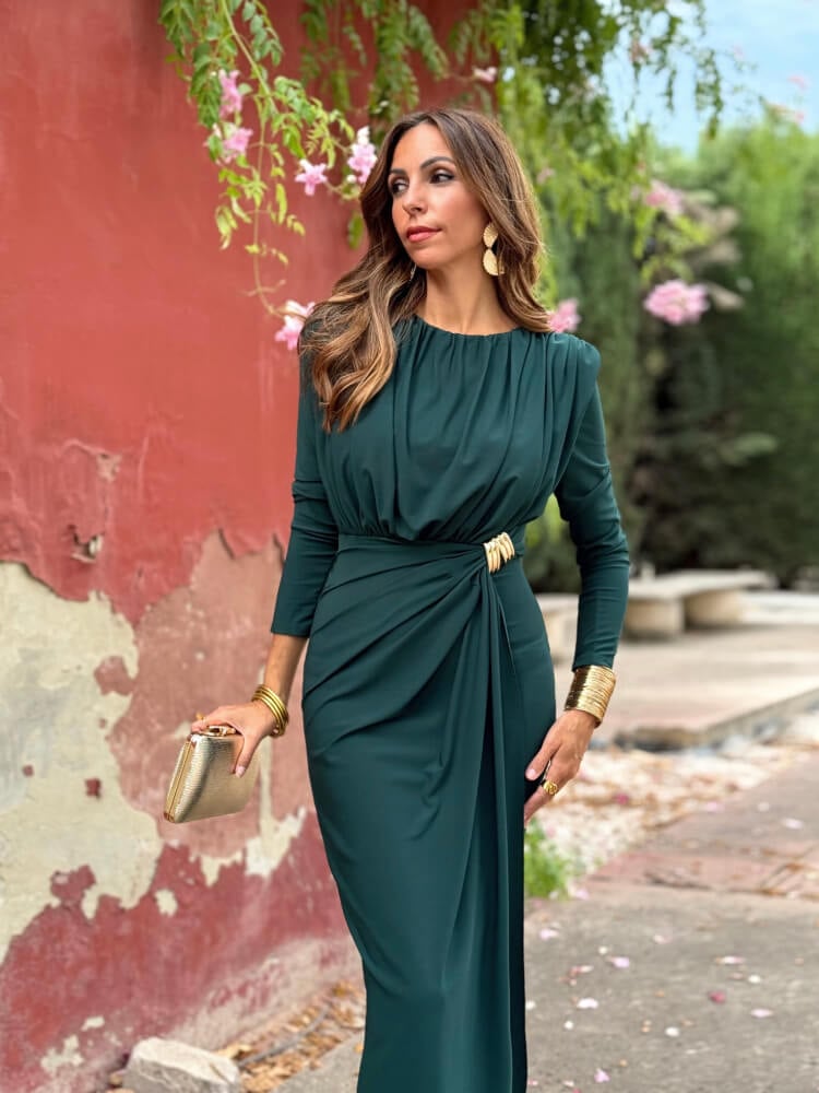 Vestido Verde Botella Con Hombreras