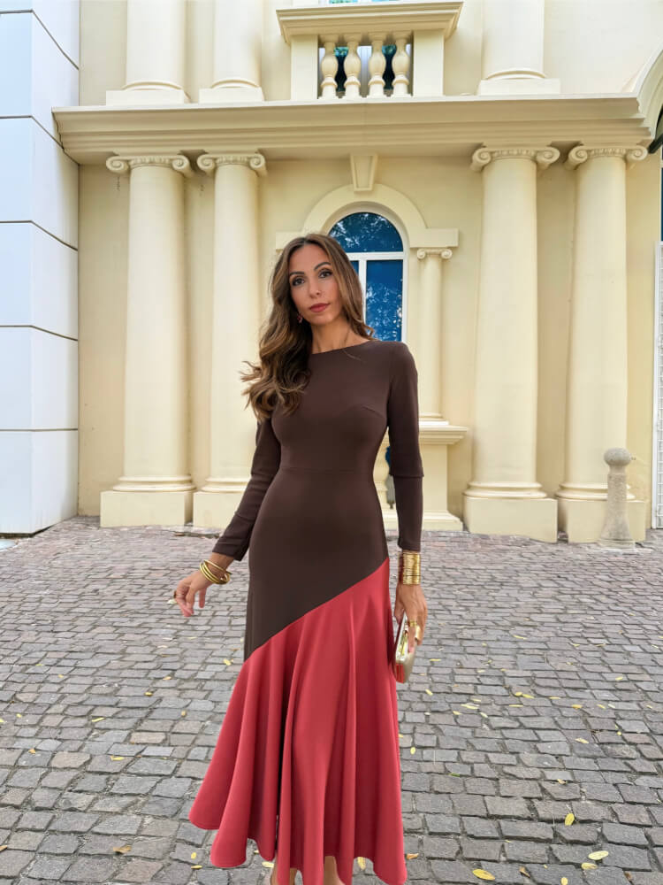 Vestido Bicolor Marrón Y Teja