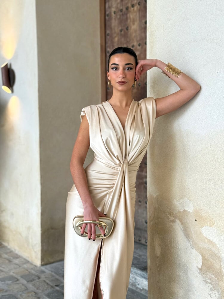 Vestido Beige En Licra Efecto Seda