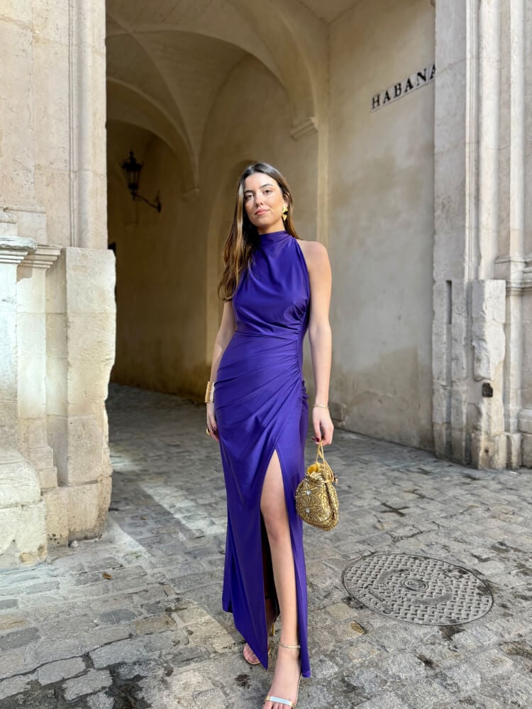 Vestido Morado Satinado Elástico