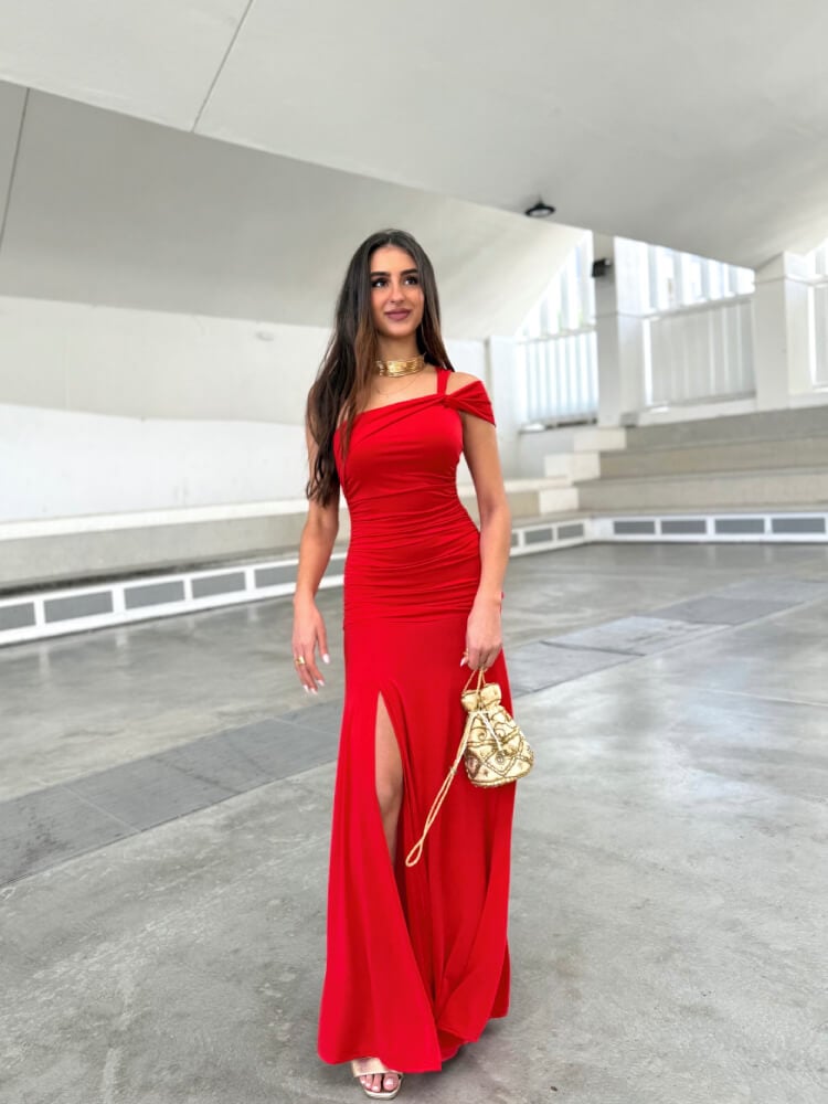 Vestido De Fiesta Rojo Un Hombro