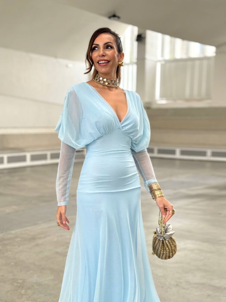 Vestido Celeste De Tul Elástico