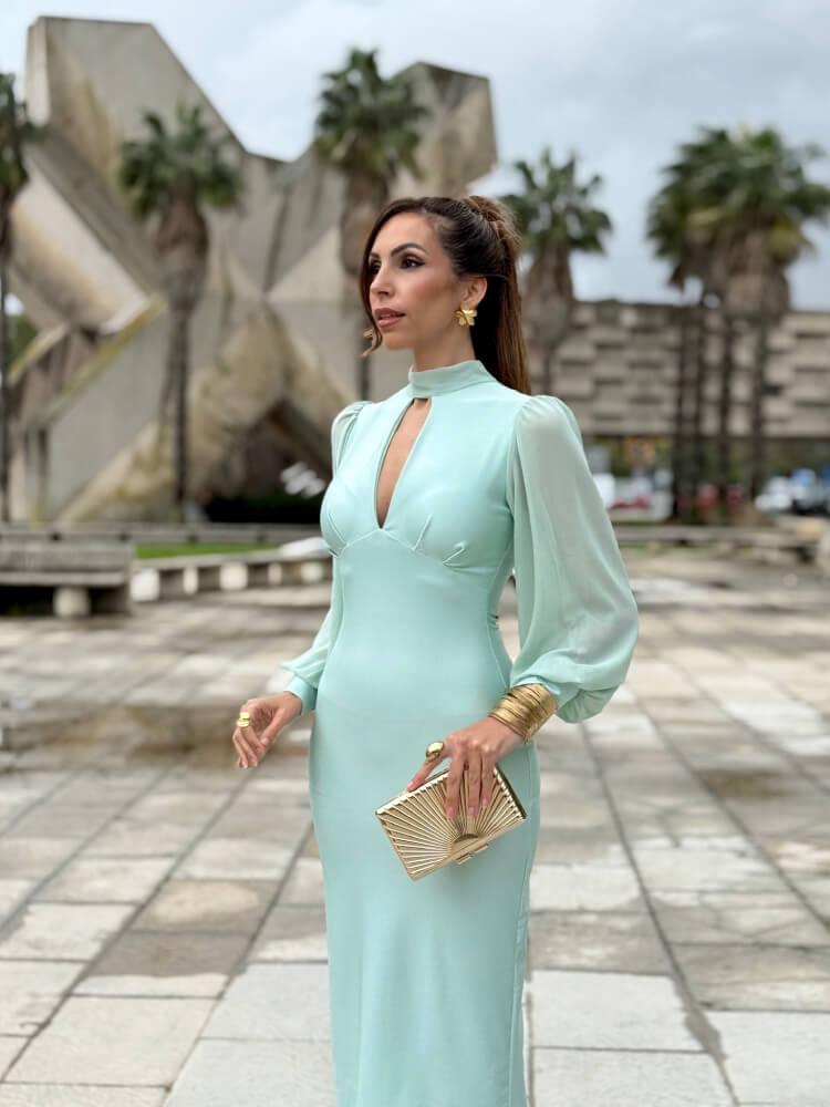 Vestido Verde Agua Con Manga Drapeada