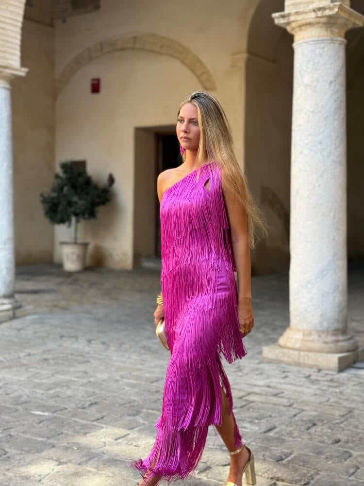 Vestido buganvilla en tejido elástico y fluido con flecos