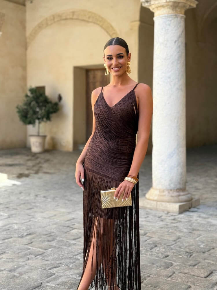 Vestido marrón en tejido bandage elástico con flecos