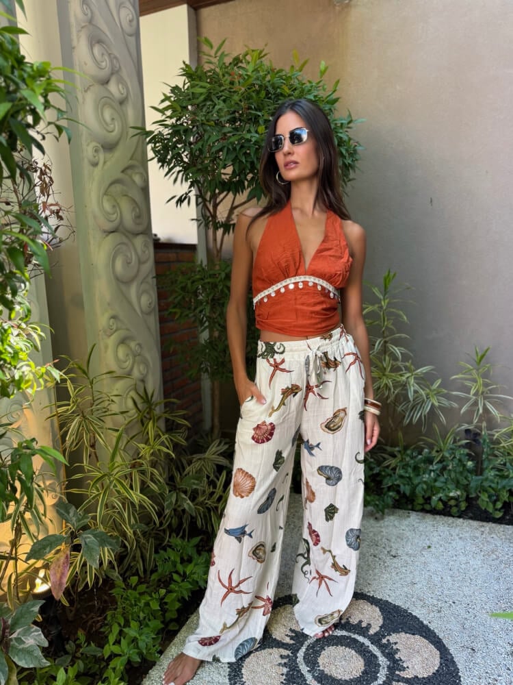 Pantalón blanco bombacho estampado con pierna recta