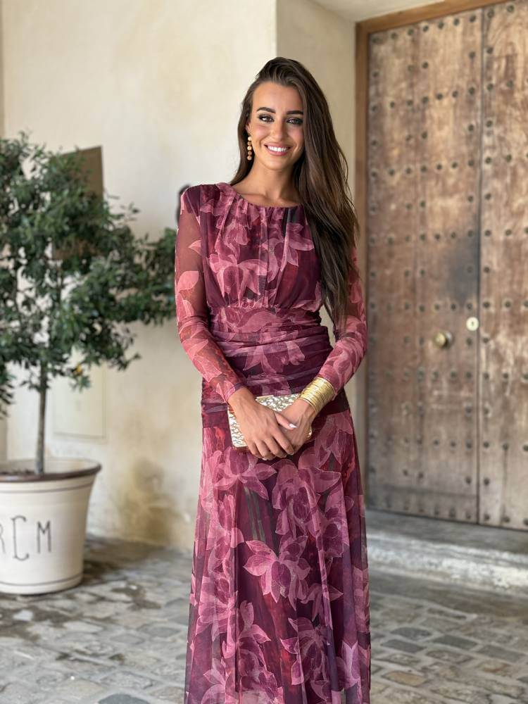 Vestido largo de tul floral burdeos y rosa