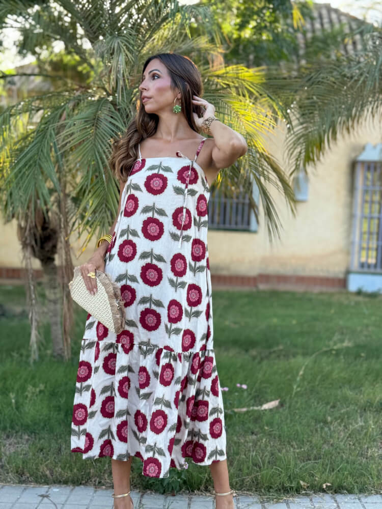 Vestido Tiranta Floral Volantón con estampado en tonos cálidos